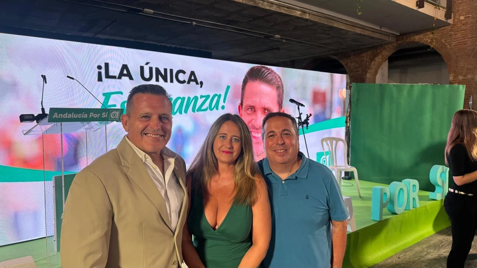 Pepe Arjona Luna, Cristina RJ Osorio, Antonio Guzmán Arana, de izquierda a derecha, en un acto de Andalucía Por Sí