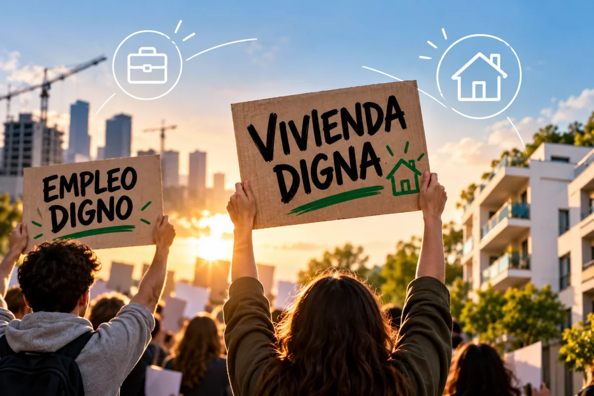 Jóvenes con pancartas de «Empleo digno» y «Vivienda digna» al atardecer